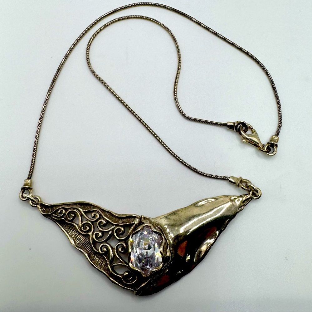 Vintage 925 Sterling Silver abstract wave pendant with cubic glass center.